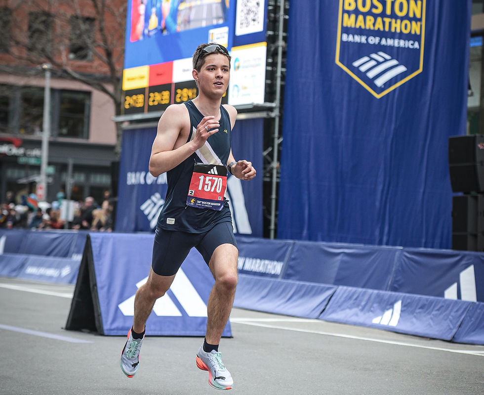 Petersburg resident Uriah Lucas, 22, wearing bib number 1570, finishes the Boston Marathon on Monday, April 20, 2026. He had the fastest time for Southeast Alaska runners in the event with 2:34:12, placing 563rd overall. (Photo courtesy Uriah Lucas)