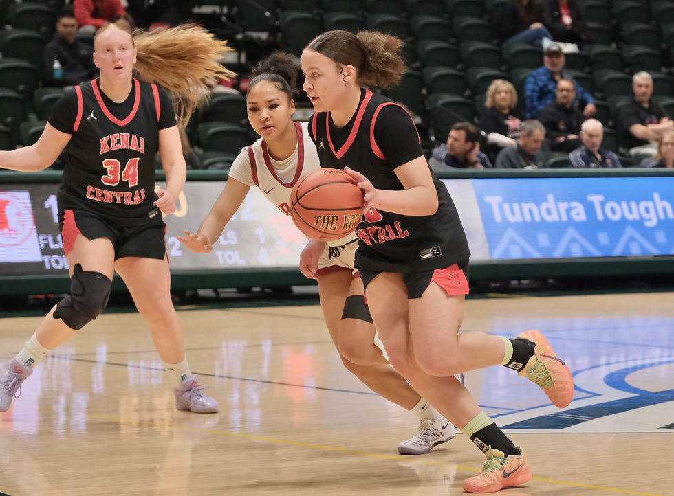 Kenai sophomore Bryleigh Williams dribbles under pressure from Mt. Edgecumbe senior Tahira Akaran during their opening game at the 2026 ASAA March Madness Alaska State Basketball Championships on Wednesday, March 18, 2026. (Klas Stolpe / Juneau Independent)