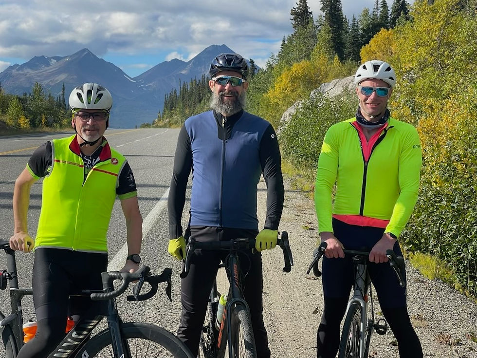 Smokin' Ole Geezers John Bursell, Juan Orozco and Brandon Ivanowicz pose for a photo during the annual SOG's bike ride from Whitehorse to Skagway after the Klondike Road Relay, Sunday, Sept. 13, 2026. (Photo Courtesy Smokin' Ole Geezers)