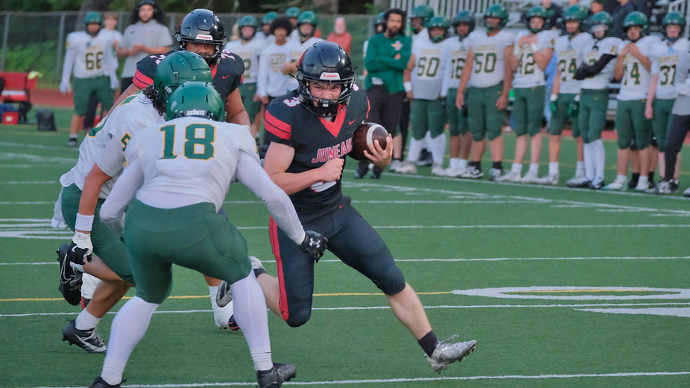 JDHS senior Ethan Van Kirk (3) powers for a touchdown during the Crimson Bears 47-12 win over the Cougars at Adair Kennedy Memorial Park field on Saturday, Sept. 5, 2026. (Klas Stolpe / Juneau Independent)