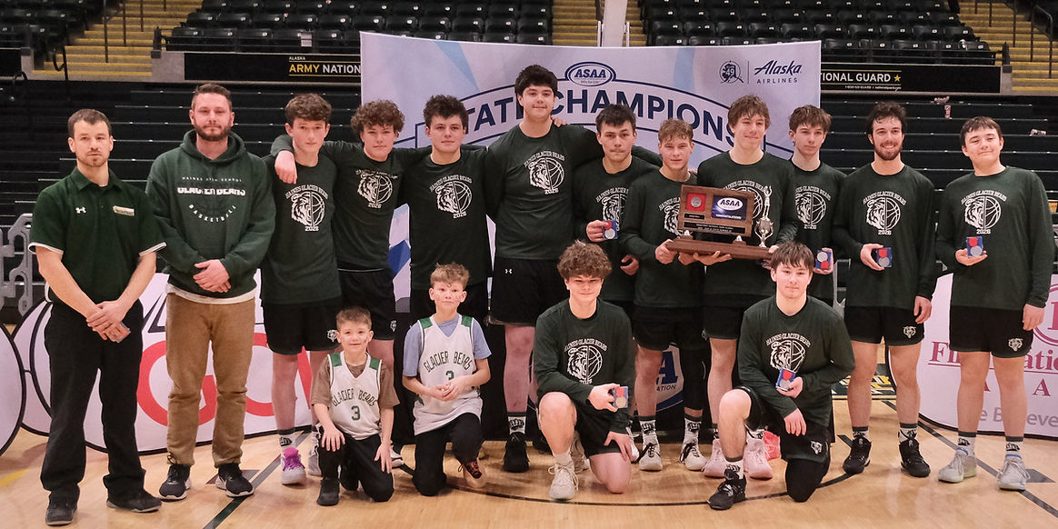 The Haines Glacier Bears pose with their boys 2A runner-up trophy at the 2026 ASAA March Madness Alaska 2A Basketball State Tournament, Saturday, in Anchorage's Alaska Airlines Center. (Klas Stolpe / Juneau Independent)