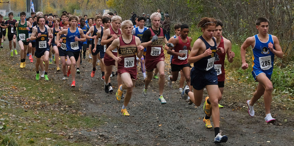High school runners start the Division II boys Alaska State XC Championships at Anchorage's Bartlett High School trails on Saturday, Oct. 3, 2026. (Klas Stolpe / Juneau Independent)
