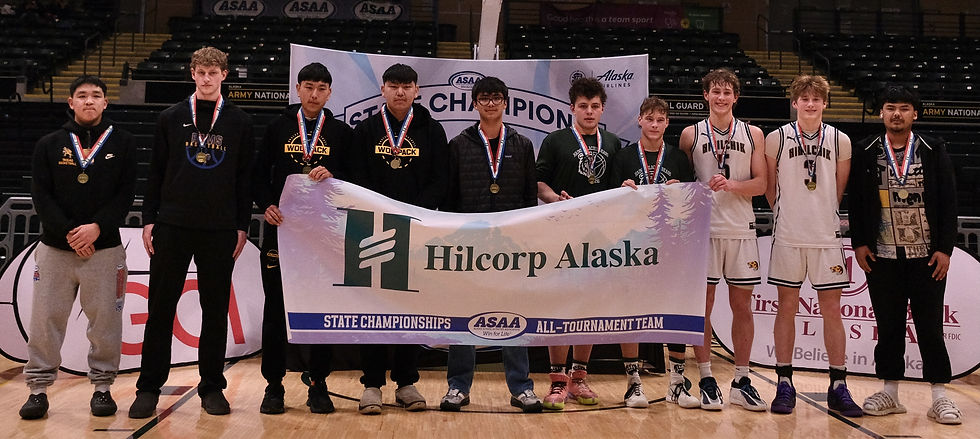 The 2A boys State All-Tournament Team pose for a photo at the 2026 ASAA March Madness Alaska 1A/2A Basketball State Championships on Saturday, March 14, 2026. (Klas Stolpe / Juneau Independent)