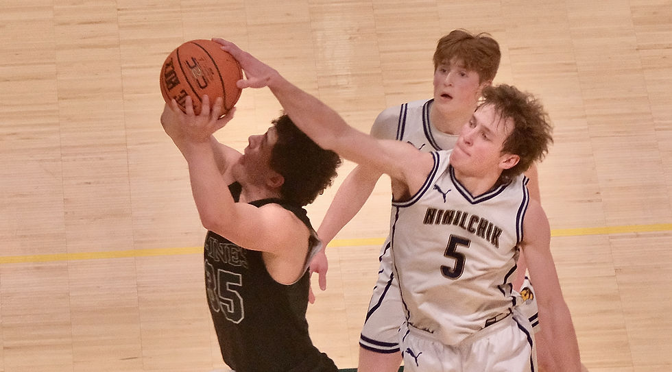 Ninilchik senior Kade McCorison (5) blocks a shot by Haines senior James Stickler (35) during their championship game at the 2026 ASAA March Madness Alaska State Basketball Championships on Saturday, March 14, 2026. (Klas Stolpe / Juneau Independent)
