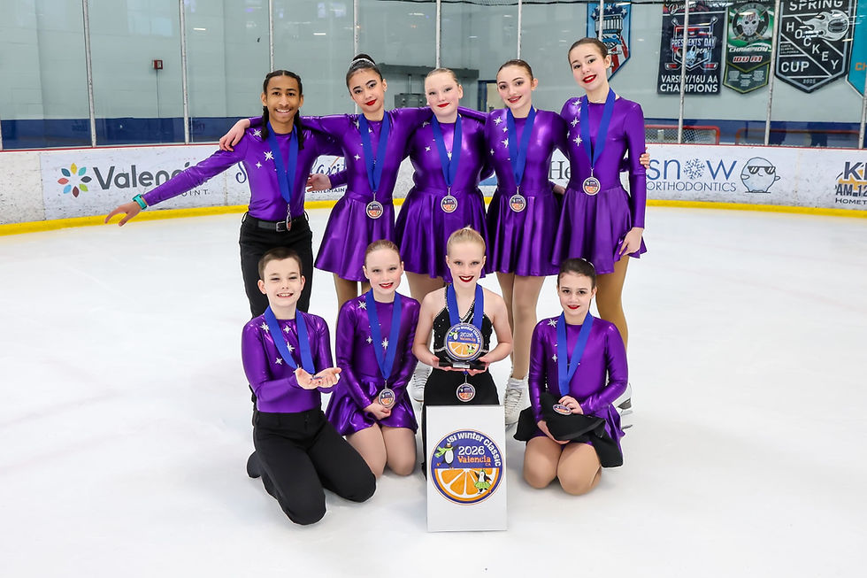 Juneau Skating Club's Team Fireweed are shown at the Ice Sports Industry's (ISI) Winter Classic competition in Valencia, California, this past February. They are, back row left to right, Rylan Martin, Nathalia Miller, Molly Heidemann, Nina Hollatz, and Carina Roberts. Front row are Alex Sill, Maggie Thorn, Elaine Duvall and Minuet Cryderman. The team will perform during the club's spring showcase, entitled "Skating Through Wonderland," on Friday and Saturday, April 17-18, 2026, at Treadwell Ice Arena. (Photo courtesy Juneau Skating Club)