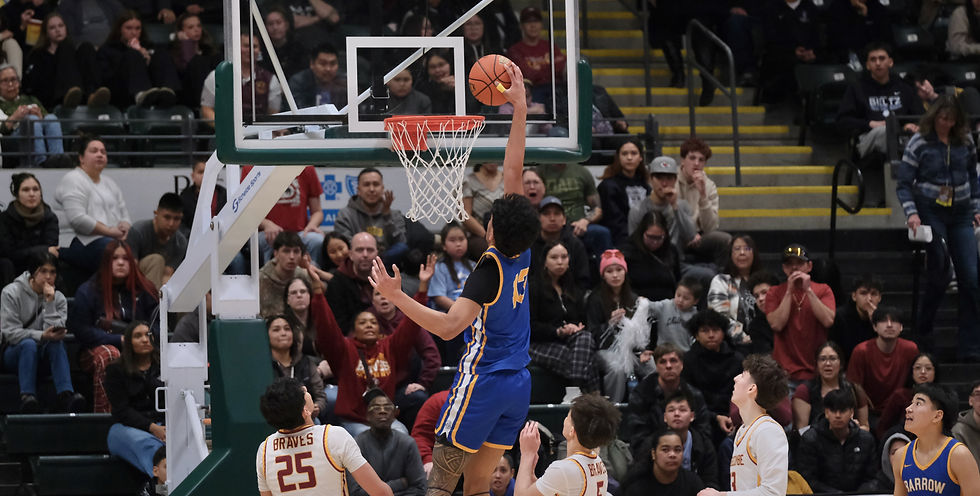 Barrow junior Alex Fruean (13) dunks against Mt. Edgecumbe during their 3A state championship game at the 2026 ASAA March Madness Alaska State Basketball Championships on Saturday, March 21, 2026. (Klas Stolpe / Juneau Independent)