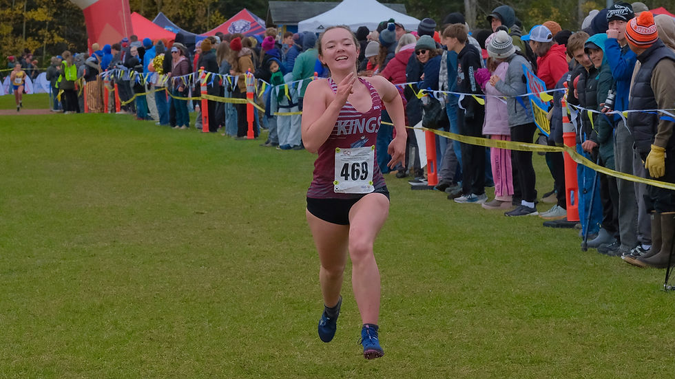 Ketchikan senior Ryan Elerding (469) sprints to the finish of the Alaska State XC Championships at Anchorage's Bartlett High School trails on Saturday, Oct. 3, 2026. Elerding placed 65th in 22:17. (Klas Stolpe / Juneau Independent)