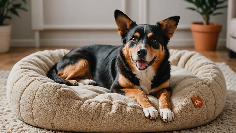 A happy rescue dog relaxing on a cozy dog bed