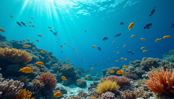 Eye-level view of a colorful coral reef teeming with tropical fish in Cabo waters