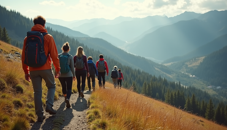 Eye-level view of a scenic mountain trail with a group hiking