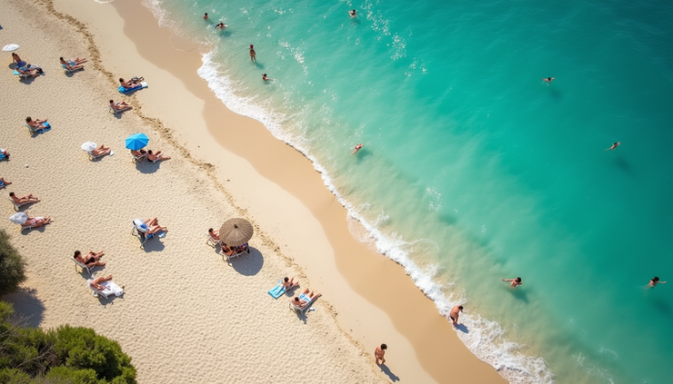 High angle view of a sandy beach with turquoise water and sunbathers