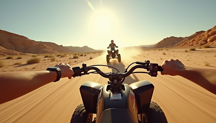 Eye-level view of an ATV riding through desert terrain near Cabo San Lucas