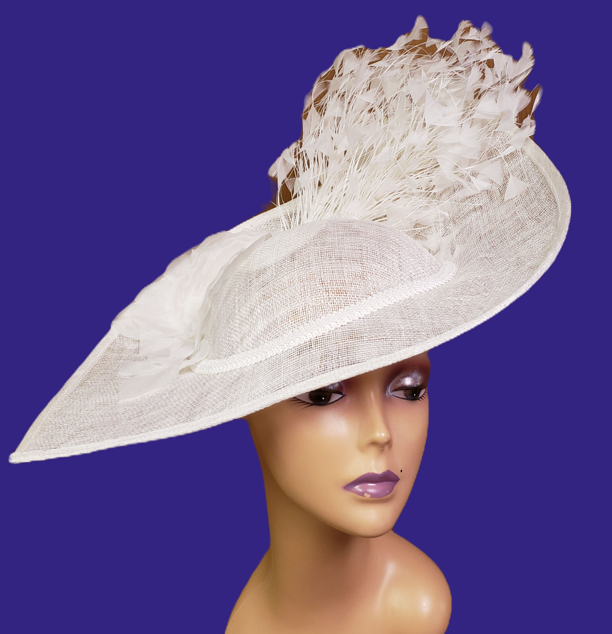 White Sinamay Feather and Silk Flower Fascinator