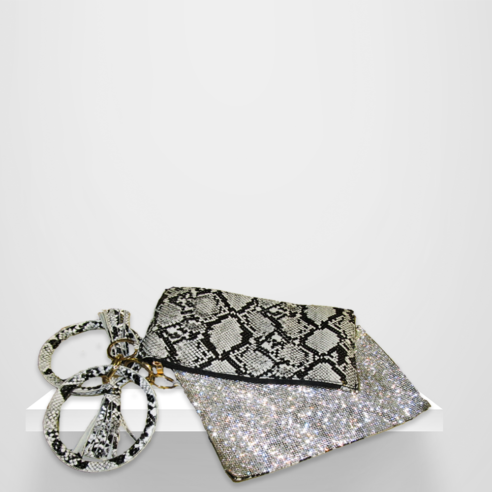 Snake Print and Rhinestone 2-Sided Wristlet handbag