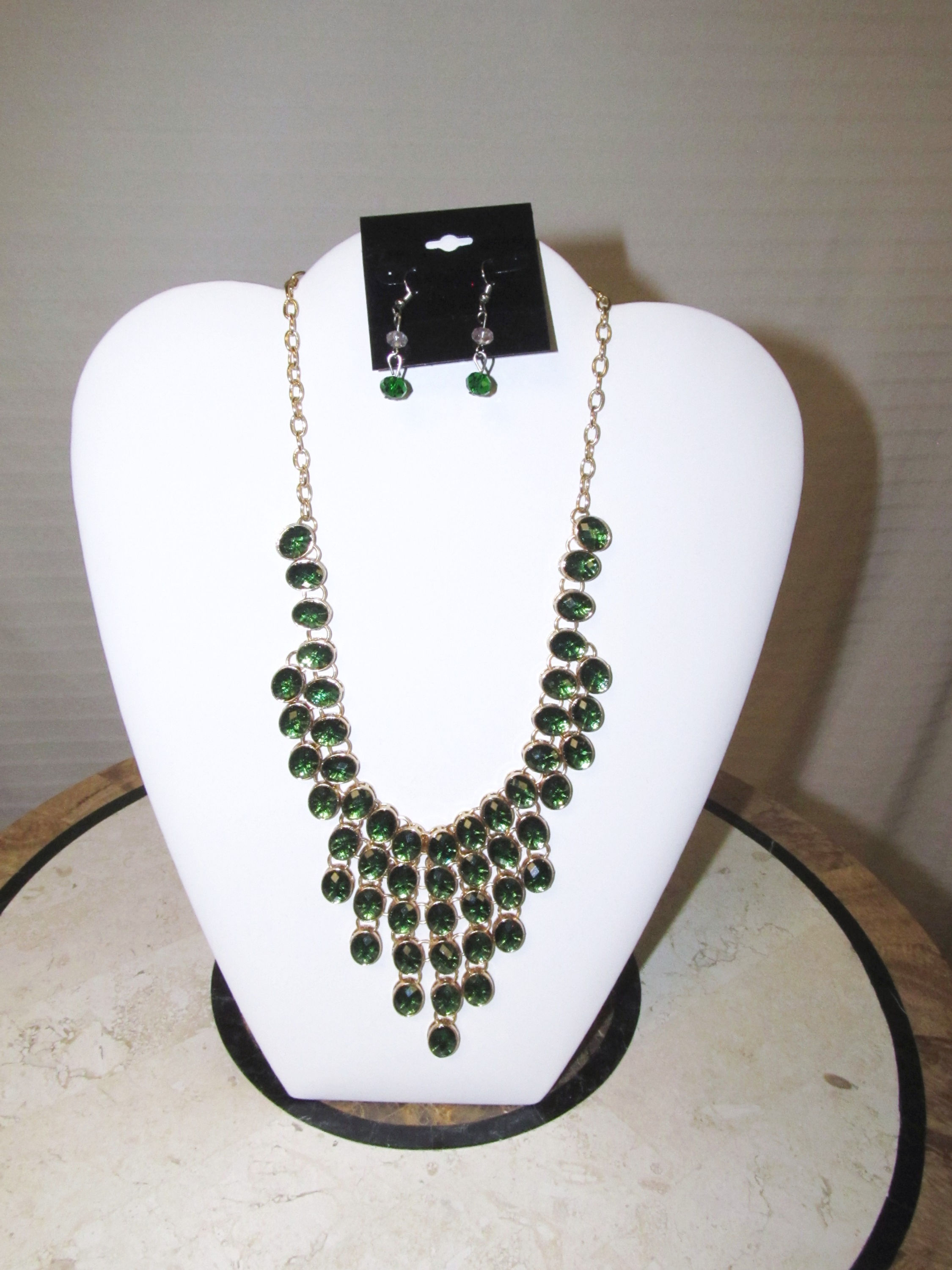 Emerald Green Rhinestone Chandelier Necklace Set