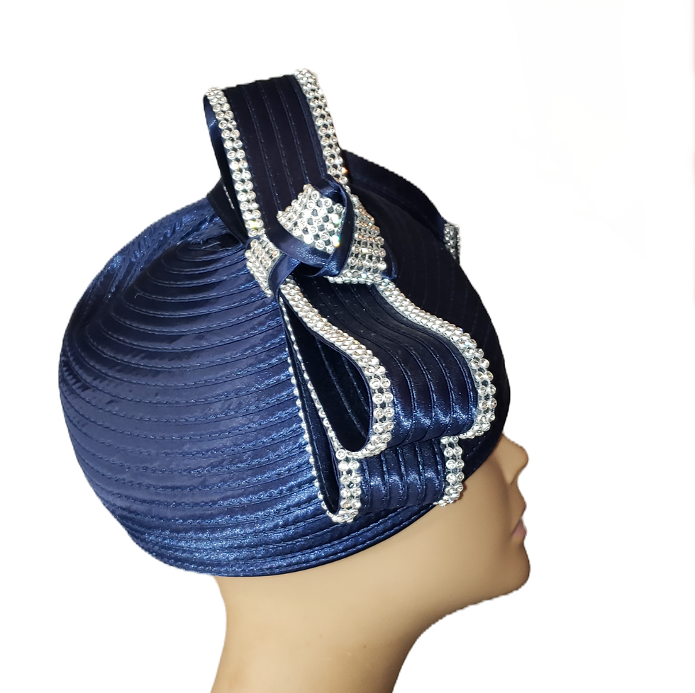 Thumbnail: Navy Blue Pill Box Satin Hat with Loops and Rhinestones