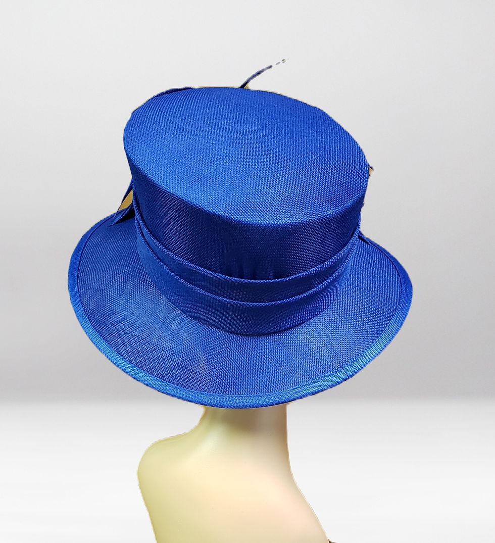 Thumbnail: Royal Blue Sinamay Small Brim Hat with Feathers and Flower Accent