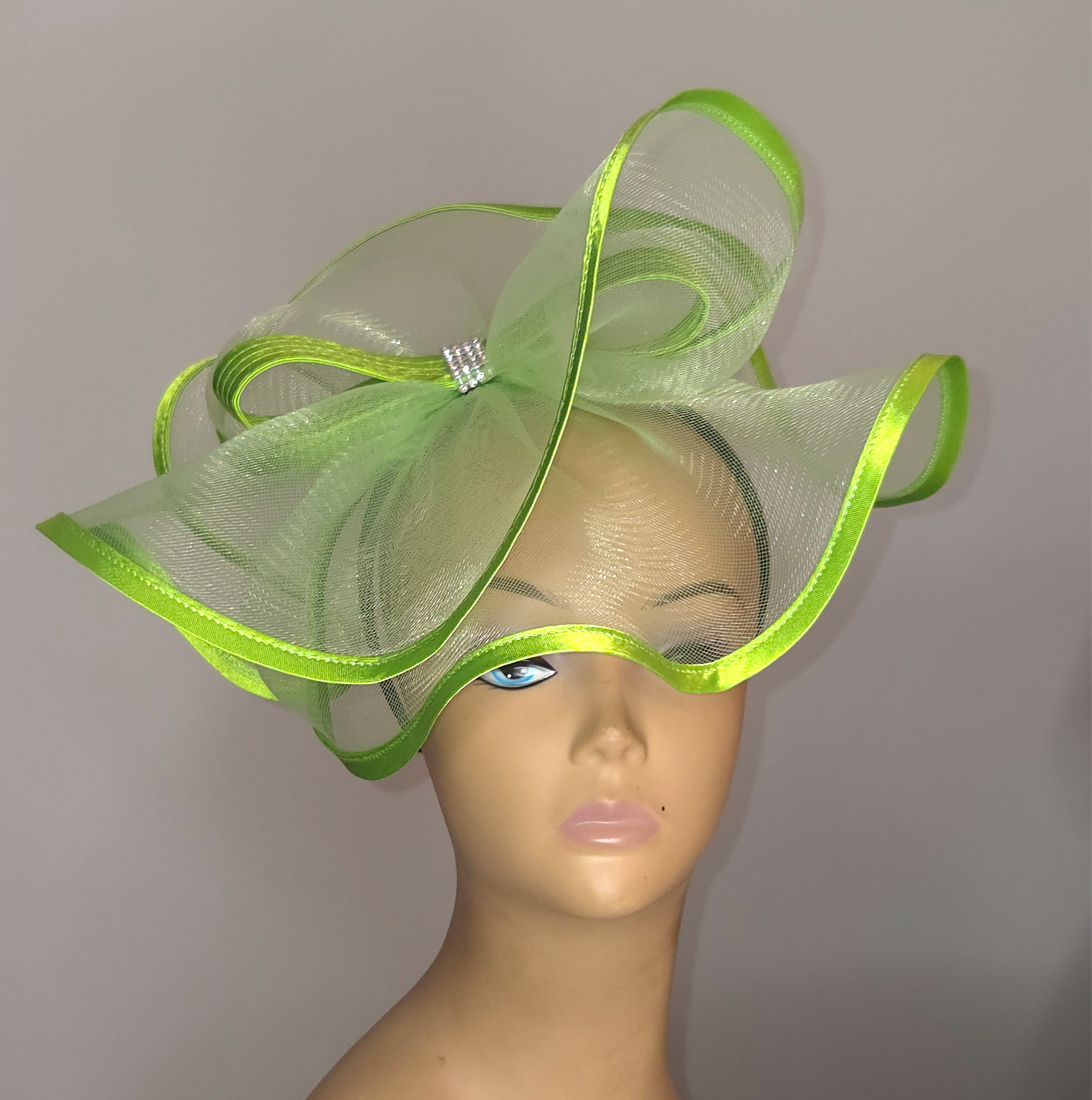 Lime Green Veil Fascinator with Satin Bow & Rhinstone