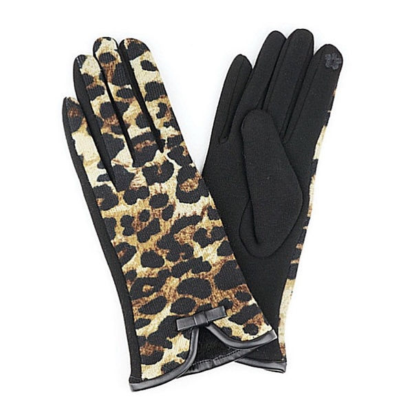 Leopard and Black Gloves with Faux Leather Bow