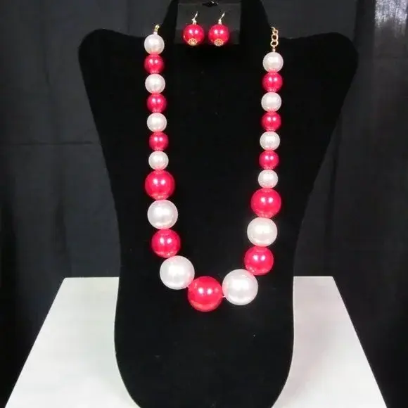 One Strand Red and White Faux Pearl Necklace Set