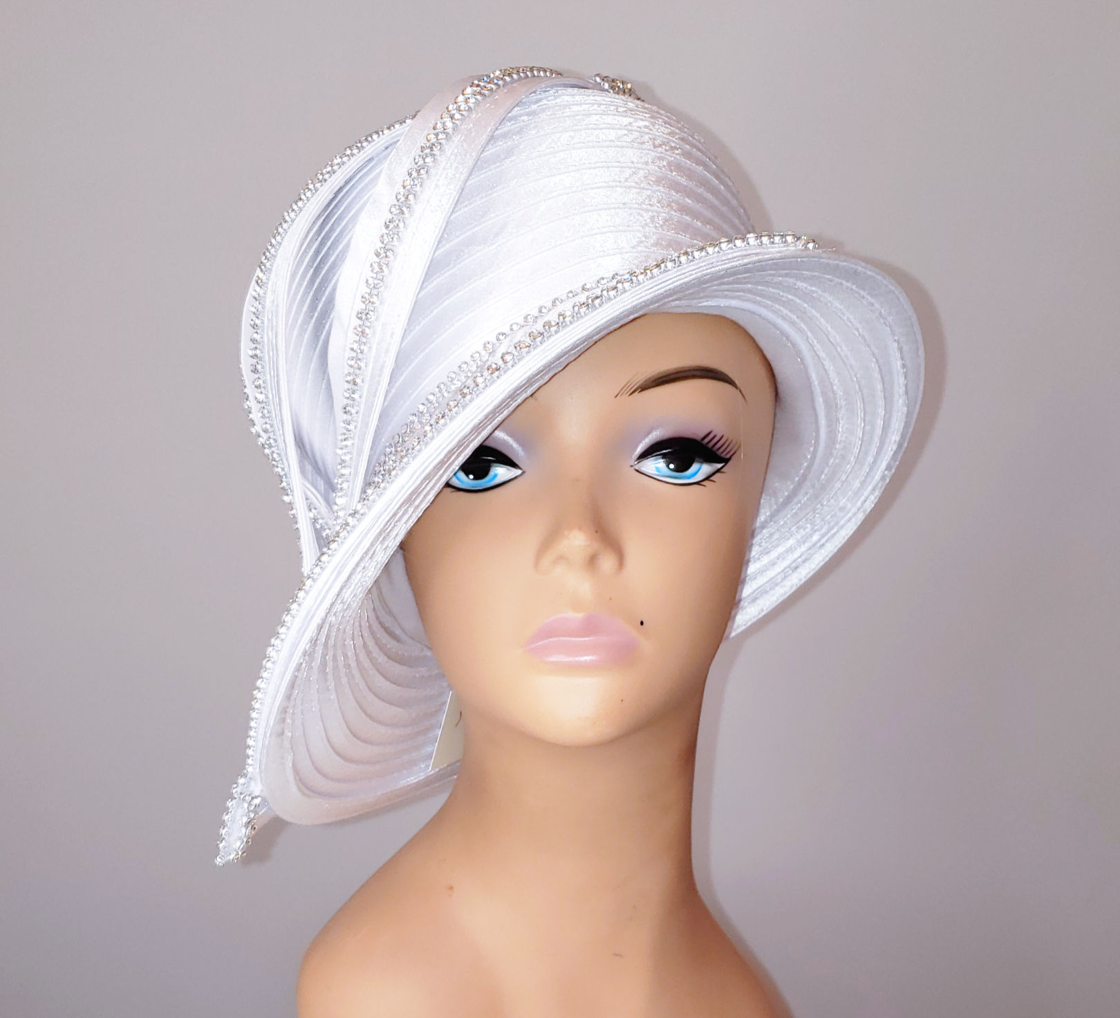 White Satin Ribbon Asymmetrical Hat with Rhinestone Accents
