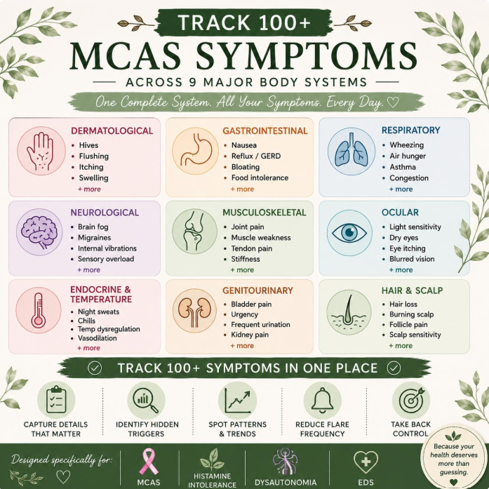 MCAS symptom reference chart showing more than 100 possible mast cell activation syndrome symptoms organized by body system, including skin, digestive, respiratory, neurological, cardiovascular, and hormonal symptoms.