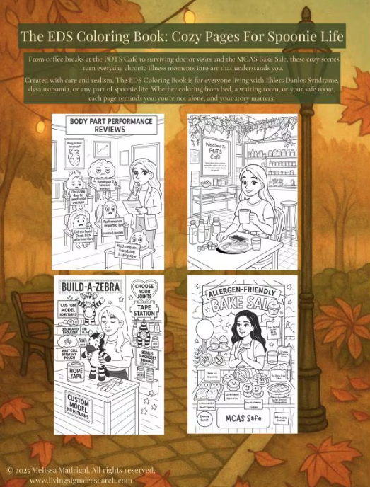 Preview of The EDS Coloring Book showing sample interior coloring pages focused on Ehlers-Danlos syndrome, chronic illness, rest, and spoonie life.