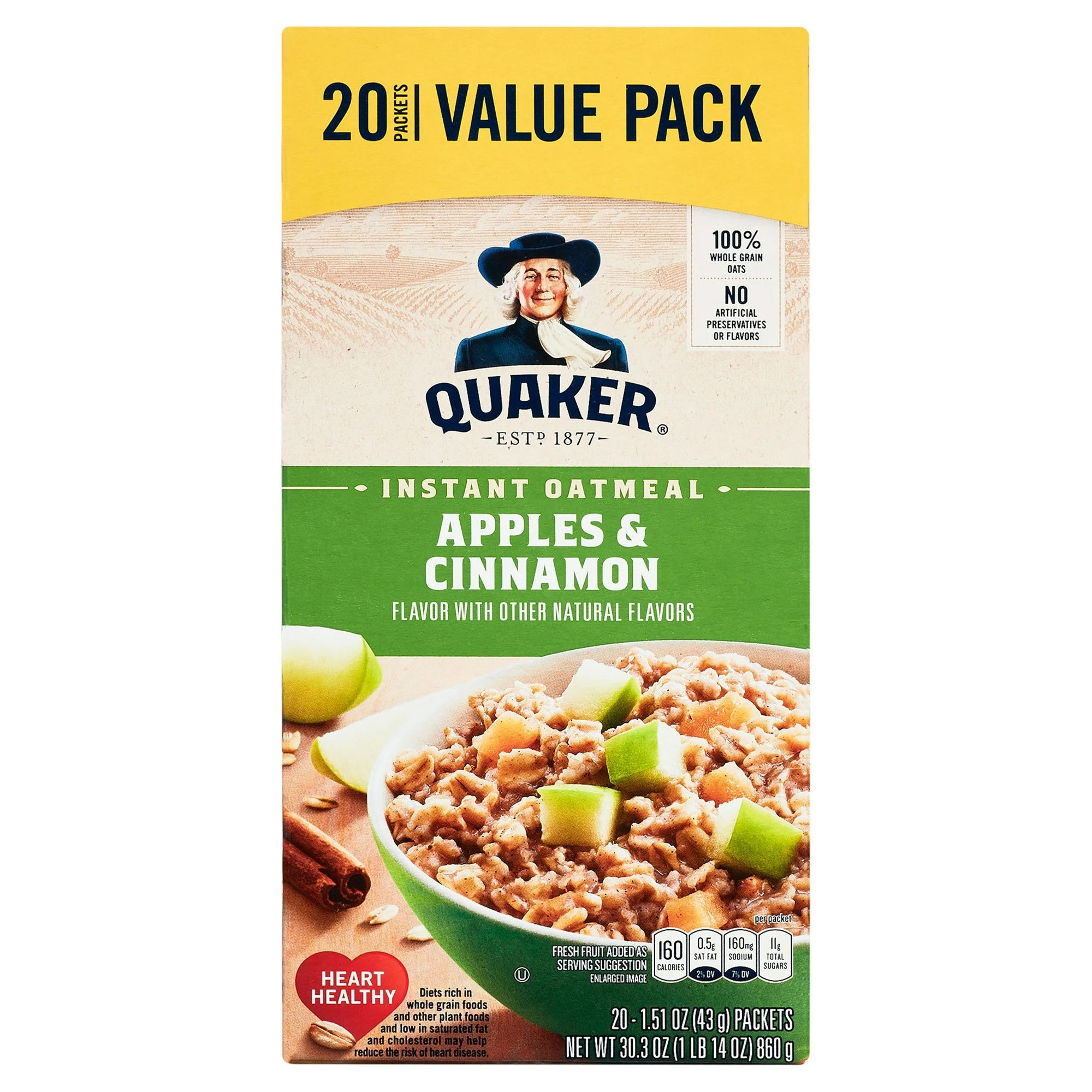 Quaker Instant Oatmeal Apple & Cinnamon 20 Packets 1.89 oz