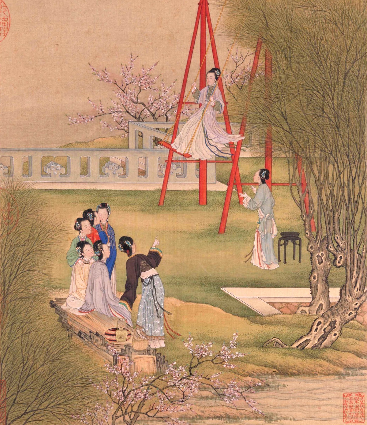 Swinging Among Willow Trees in February: Qing Figures Painting Art Printable