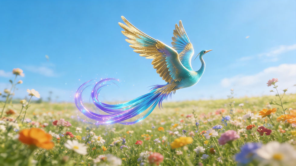 Mythical Being Qingniao from Chinese Mythology Flying Over Beautiful Flowers