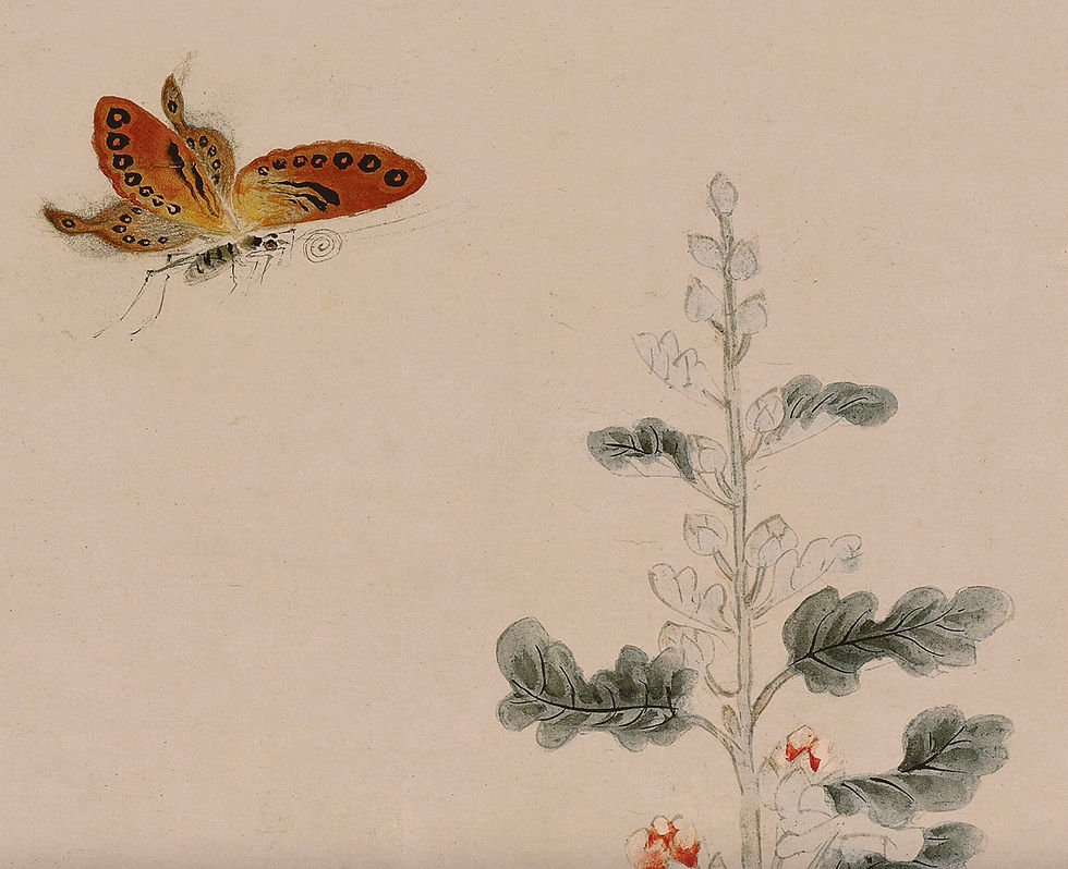 Thumbnail: Alcea Rosea Among Stones and Swallowtail Butterflies Painting Printable