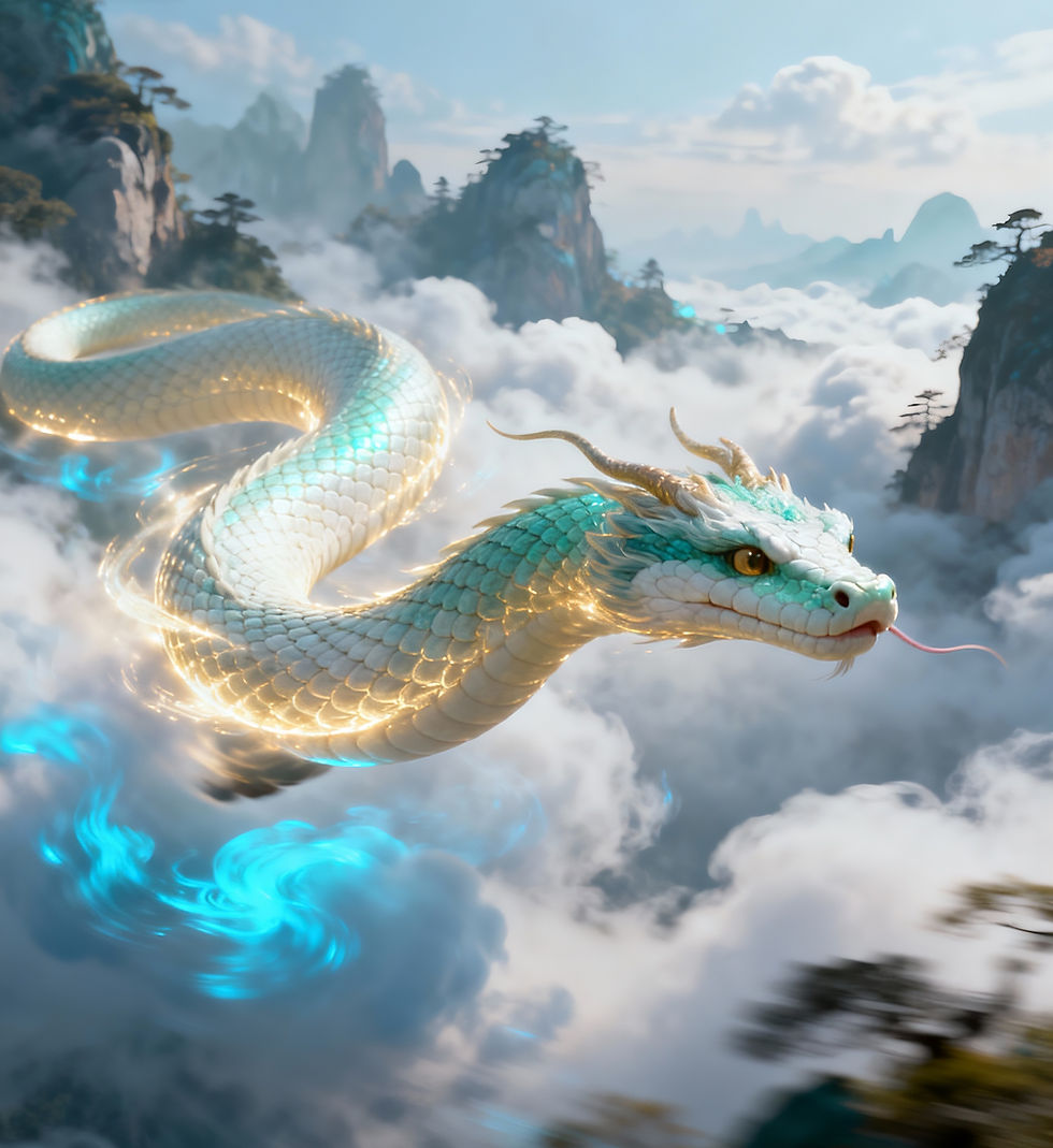 Mythical creature Teng She flying amid clouds