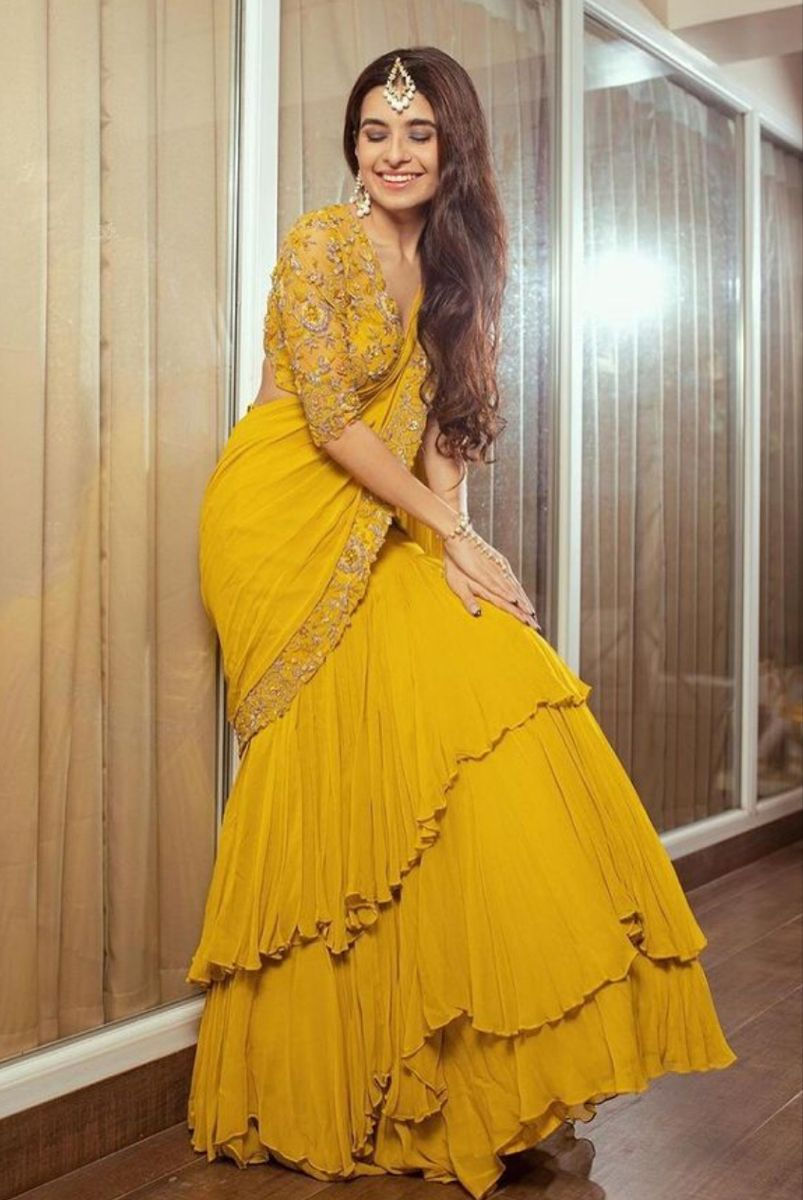 ready-to-wear yellow frill saree. wrap around saree. Quick saree drape.