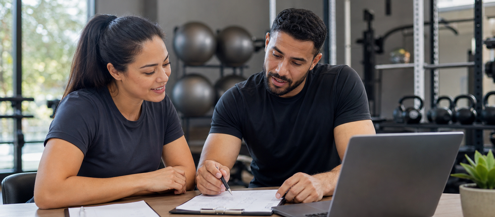 Coach and client reviewing a structured training plan in a gym