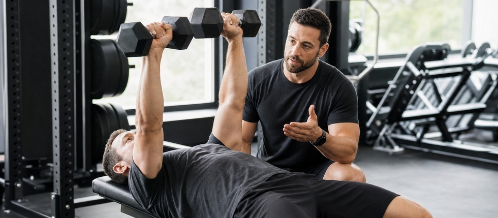 Coach observing an adult lifter performing a controlled dumbbell press