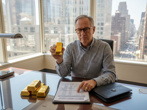 Advisor reviewing gold bars and portfolio papers