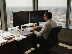 Gold trader reviewing portfolio in corner office