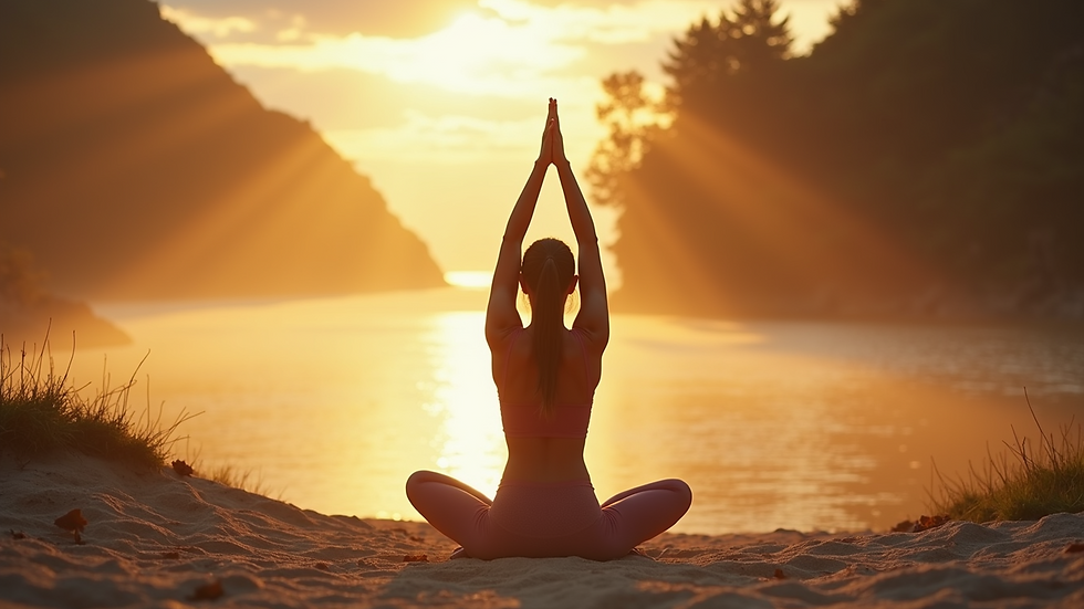 Vista frontal de uma pessoa praticando yoga ao ar livre em um ambiente natural tranquilo