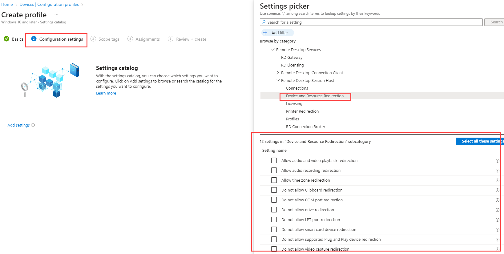Configurando "device redirection settings" no Windows 365