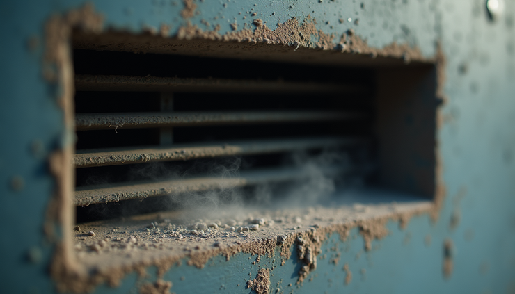 Close-up view of a dusty air vent with visible dust accumulation