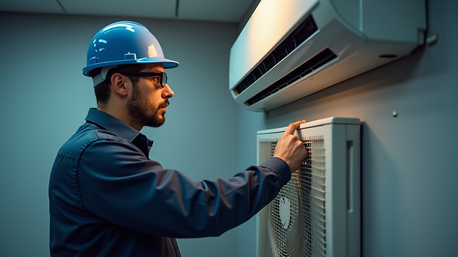 Eye-level view of a technician inspecting an air conditioning unit