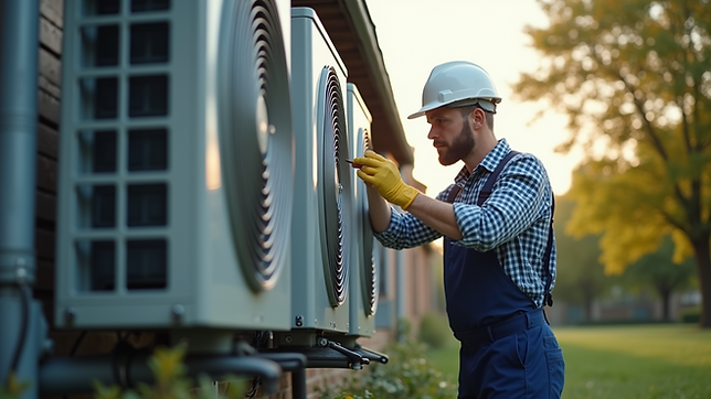 Eye-level view of a technician inspecting an air conditioning unit outdoors