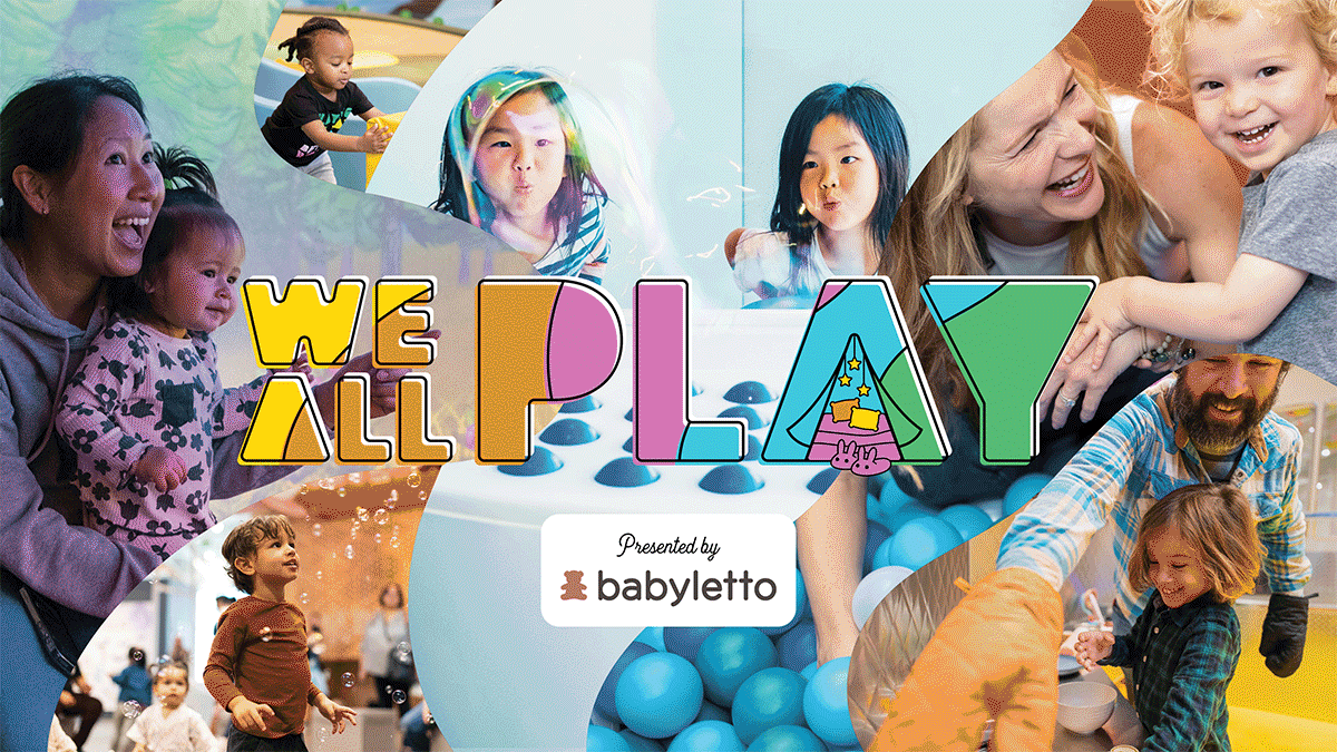 A colorful collage features diverse families and children playing together, with bold text reading WE ALL PLAY and a presented by babyletto logo at the center. Children are laughing, with bubbles and play activities in the background.