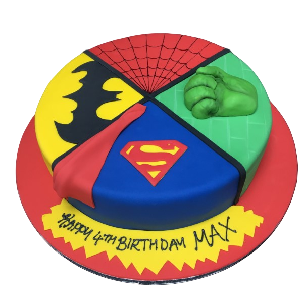 Colorful superhero-themed cake with iconic logos of various superheroes. Perfect for any superhero fan's celebration.