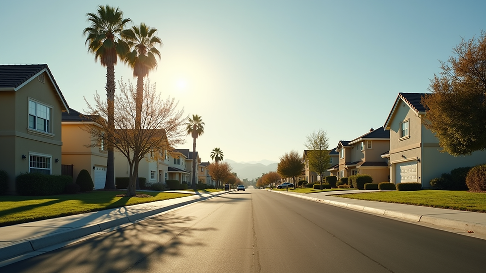 Eye-level view of a suburban California neighborhood with single-family homes