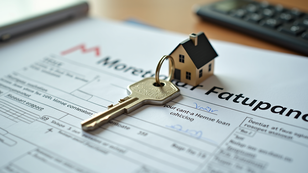 Close-up view of a house key on top of a mortgage loan document