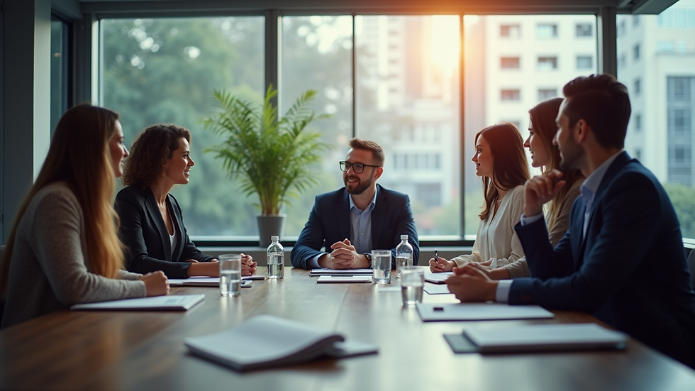 Eye-level view of a business meeting with diverse team discussing strategy