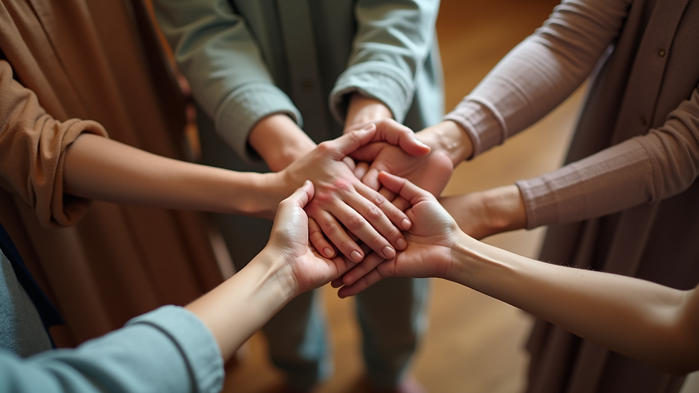 Close-up view of a circle of people holding hands in a healing workshop