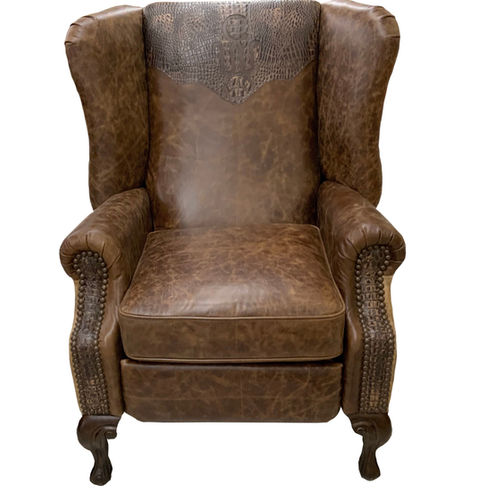 Rustic western and mountain style recliner with embossed leather accent.