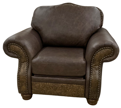 Rustic western and mountain style recliner with embossed leather accent.